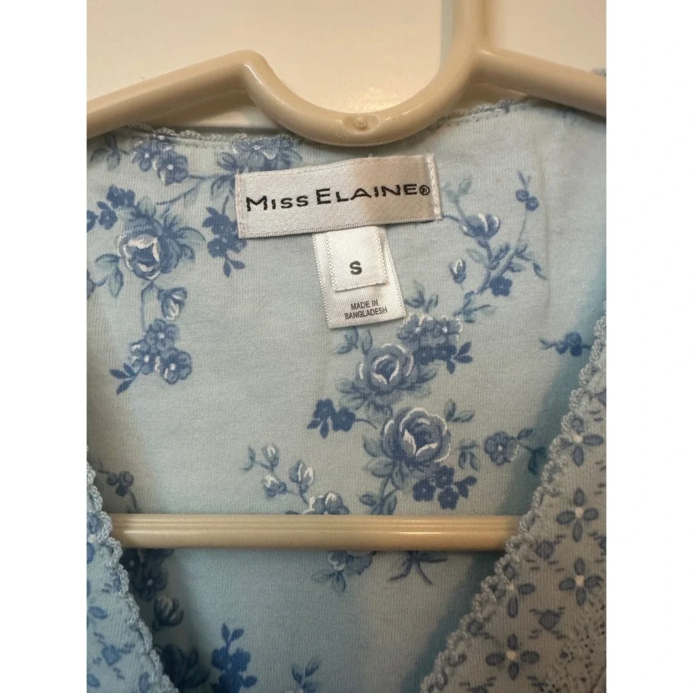 Miss Elaine Womens Blue Floral Zip Front Robe‎ Tassel Short Sleeve S 364465